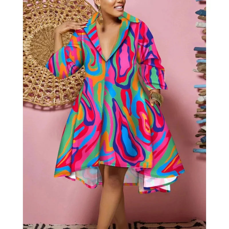 Women Sexy Fashion Printed Shirt Dresses Chic V Neck Loose Long Sleeve Dress Causal Vacation Female Mini Vestidos Robe Clothing Purplish Diva