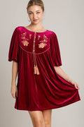 Embroidered Half Sleeve Velvet Mini Dress with Tassel For Women – Luxurious Velvet Dress, Embroidered Tassel Mini Dress, Elegant Party Dress Stevvex