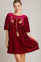 Embroidered Half Sleeve Velvet Mini Dress with Tassel For Women – Luxurious Velvet Dress, Embroidered Tassel Mini Dress, Elegant Party Dress Stevvex