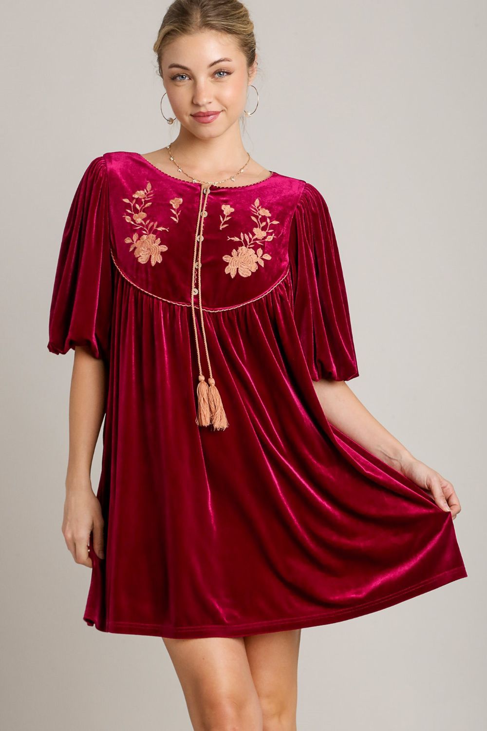 Embroidered Half Sleeve Velvet Mini Dress with Tassel For Women – Luxurious Velvet Dress, Embroidered Tassel Mini Dress, Elegant Party Dress Stevvex