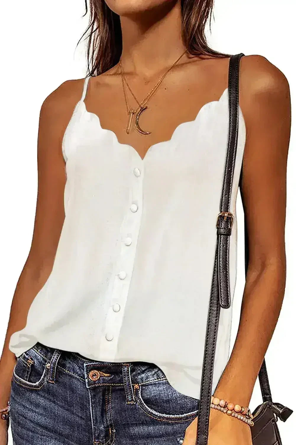 White Spaghetti Straps Buttoned V Neck Vest - SJB-DIAMOND ELITES
