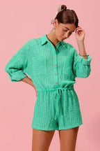 SO ME Textured Knit Button Front Romper