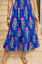 Blue Floral Ruffle Hem Pop of Color Neckline Dress