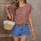 Ladies' Floral Print Contrasting Batball Sleeves Round Neck Fashionable Casual T-shirt Top - SJB-DIAMOND ELITES