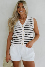 Sky Blue Striped V Neck Button Knit Vest