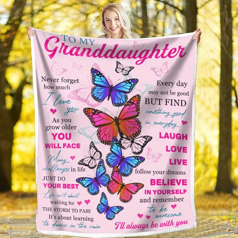 1pc Soft Flannel Butterfly Print Blanket, Warm Cozy Throw for Couch Bed Sofa, To My Granddaughter Lootquake LLC