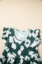 Dark Green Floral Print Ruffle Sleeve Empire Waist Mini Dress