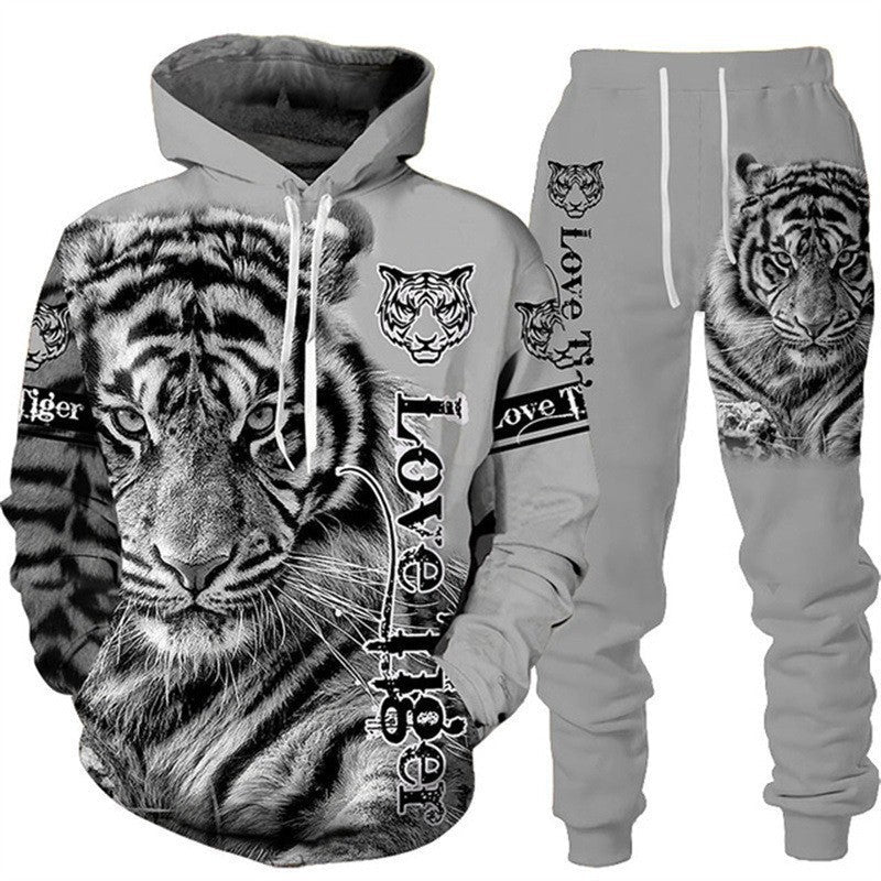 Tiger 3D Print Hooded Men's Sweatshirt Set