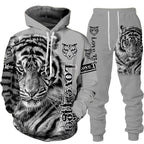 Tiger 3D Print Hooded Men's Sweatshirt Set
