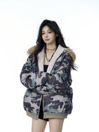 American Vintage Army Green Camouflage Fur Collar Hood Jacket Pi-Mart