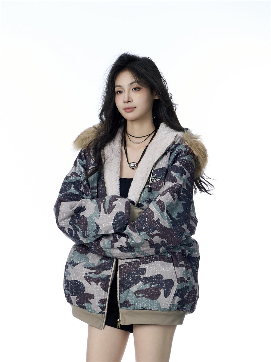 American Vintage Army Green Camouflage Fur Collar Hood Jacket Pi-Mart