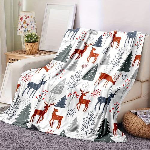 1pc Throw Blanket, Christmas Theme Deer Pattern Printed Blanket, Warm Cozy Soft Blanket For Couch Bed Sofa Car Office Camping Travelling, Gift Blanket Suitable For All Seasons Lootquake LLC