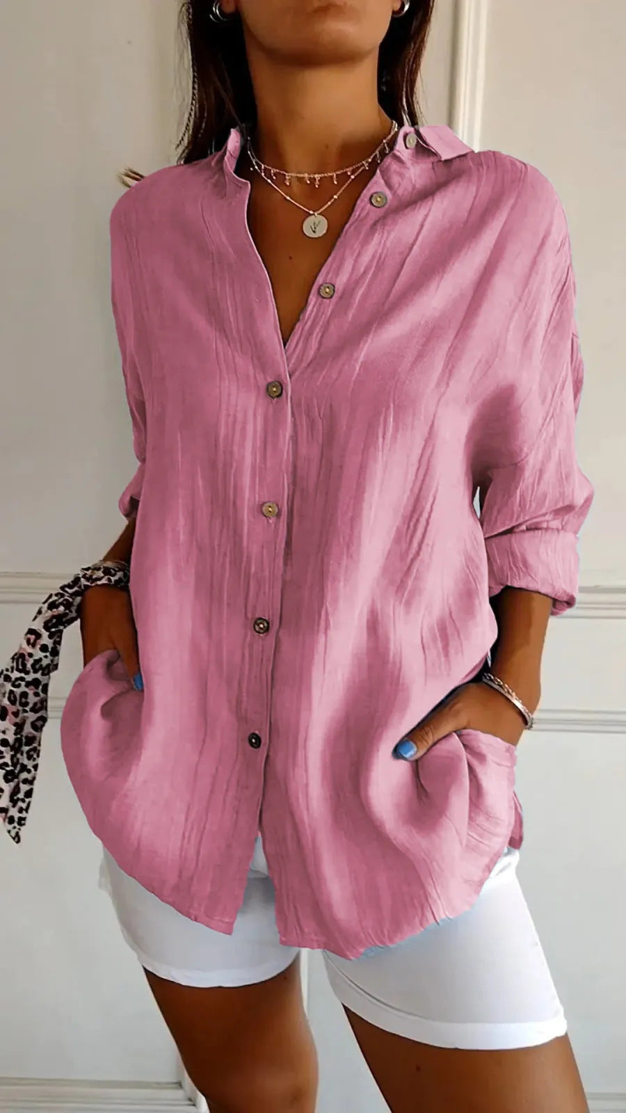 Lapel Long Sleeve Shirt Women's Single-breasted Pleated Shirt Pi-Mart