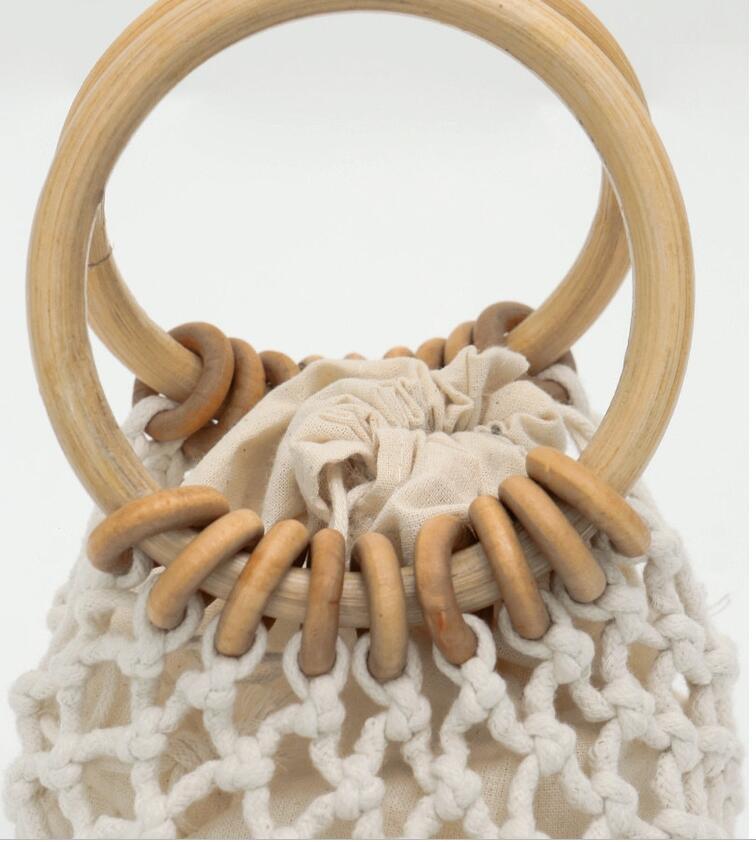 Woman Girl Fashion Woven Handbag Beach Style Wood Handle Drawstring Bucket Bag Pi-Mart