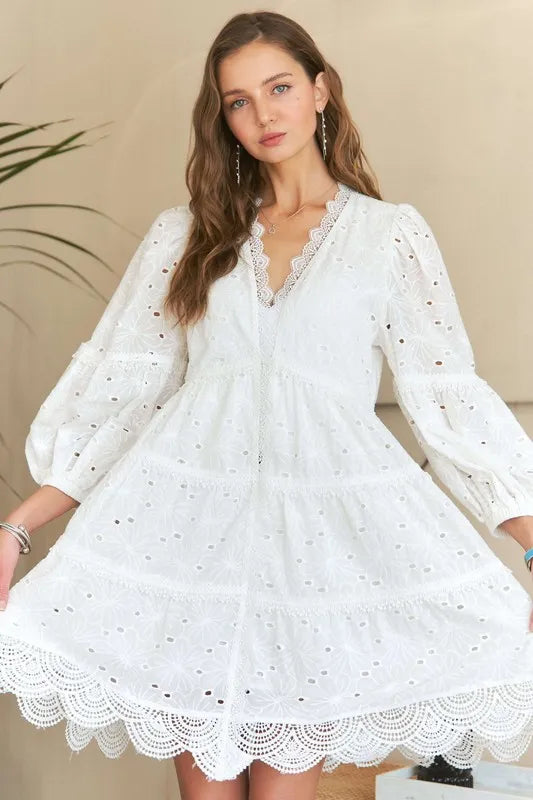 Lace Detail Tiered Eyelet V-Neck Babydoll Dress For Women – Feminine Boho Chic Dress, Fluttering, Elegant Lace & Eyelet Stevvex