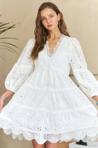 Lace Detail Tiered Eyelet V-Neck Babydoll Dress For Women – Feminine Boho Chic Dress, Fluttering, Elegant Lace & Eyelet Stevvex