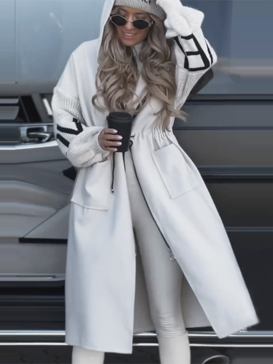 Hooded Windbreaker Long Jacket With Pockets And Drawstring Design Solid Color Knit-Sleeved Trench Coat For Women Clothing Fall Winter Pi-Mart