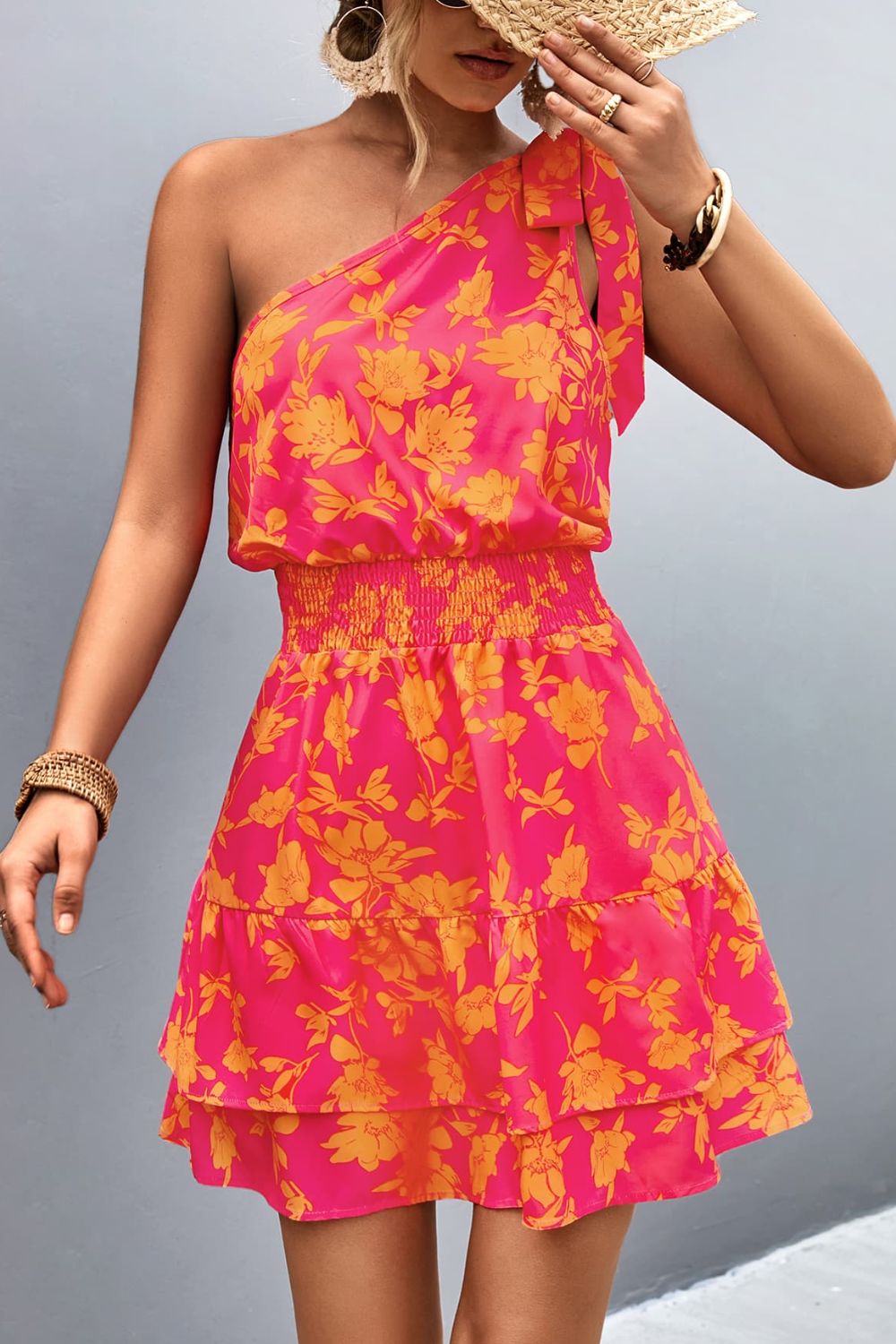 Pink Smocked Printed Single Shoulder Dress Feminine & Flattering Summer Style Dresses Stevvex