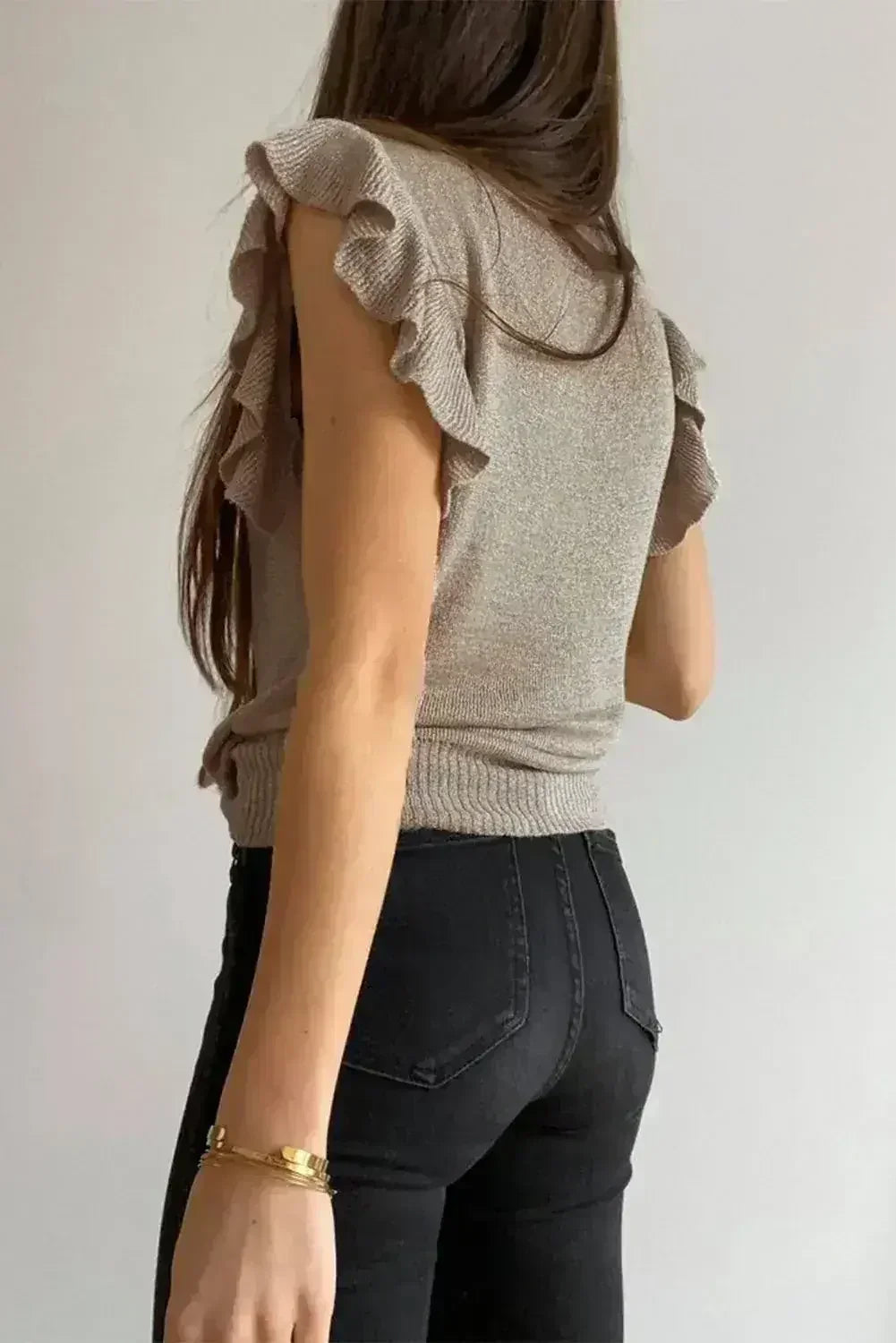Khaki Cascading Ruffles Knit Tank Top - SJB-DIAMOND ELITES