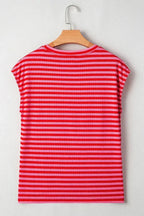 Black Stripe Ribbed Cap Sleeve Round Neck T Shirt