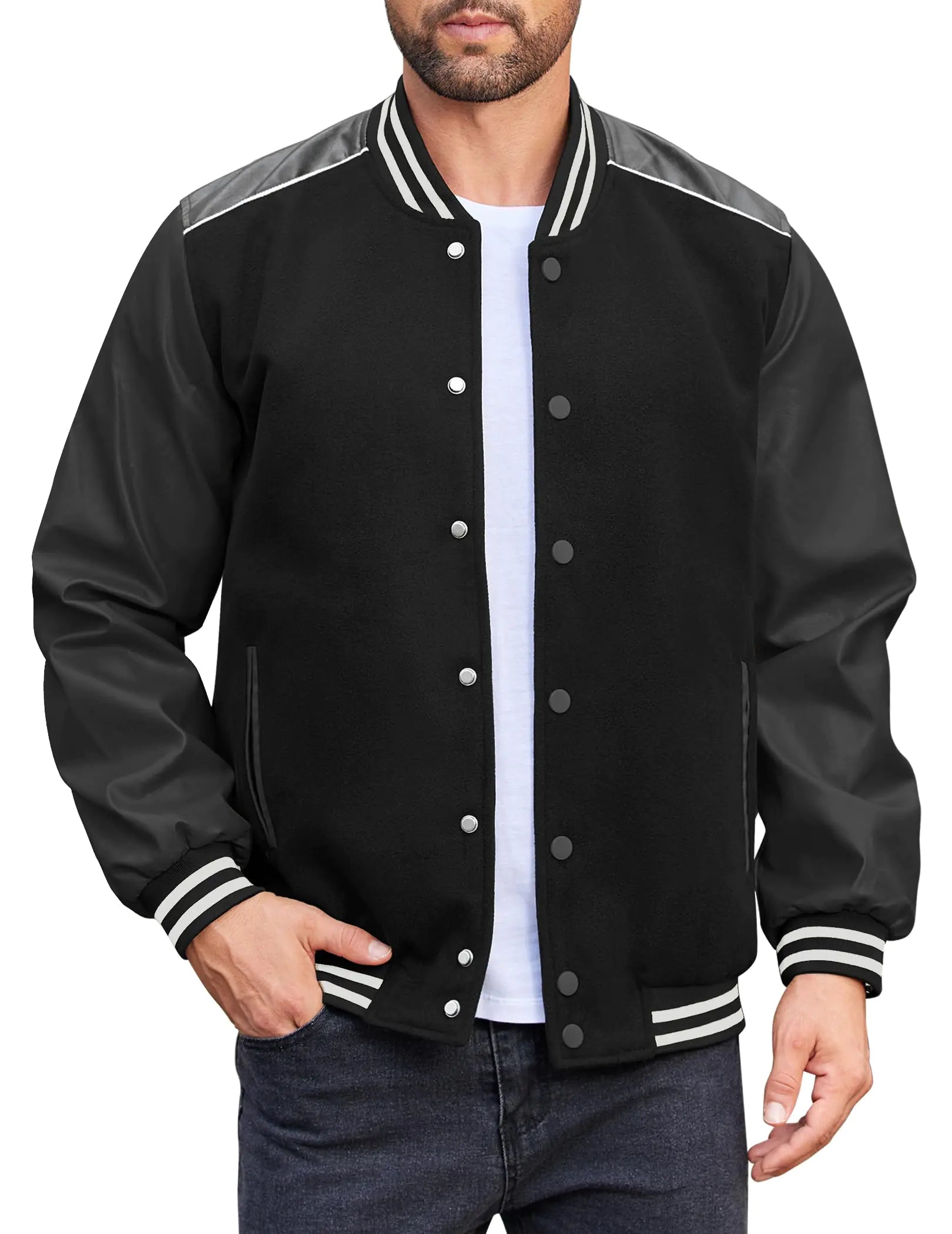 COOFANDY Mens Sweatshirts jacket Varsity Jacket Casual Baseball Bomber Jacket Black Leather Jacket Men Letterman Jacket Pi-Mart