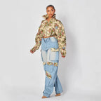 Women Tracksuit Pant Sets Zipper Cardigan Tops Print Zipper Fly Straight Ankle Length Denim Pants Jean Loose Matching Sets Y2k Purplish Diva