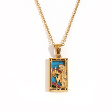Fashion Tarot Necklace With Rhinestones Diamond Set Pendant Stainless Steel Rectangular Drip Necklace Jewelry Pi-Mart