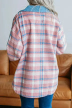 Plaid Collared Jacket – Long Sleeve Polyester Unlined Top