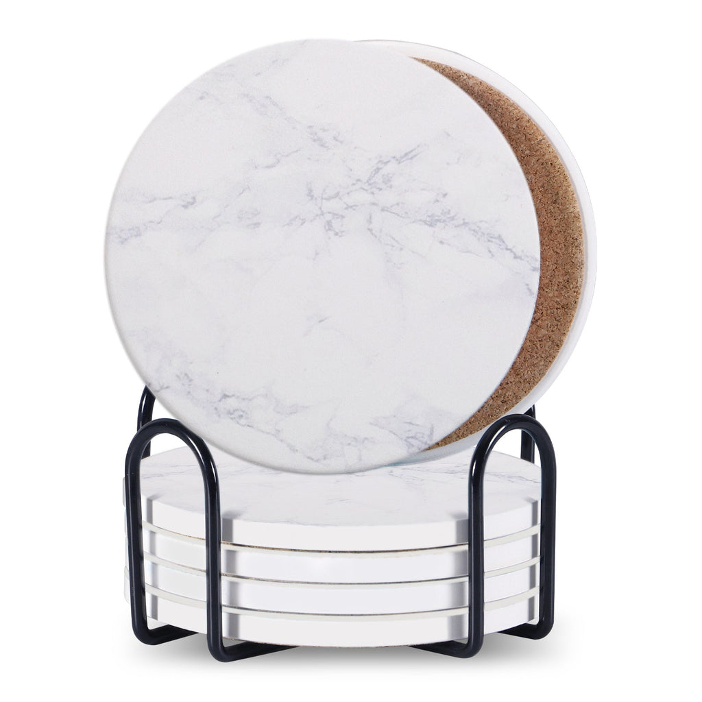Set Of 6 Beverage Coasters With Stand Round 4in Ceramic Coaster With Metal Stand Absorbent Marble Stone Coaster With Cork Base Pi-Mart