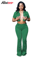 Mlaiscsr Green Denim Baddies Outfits for Women Two 2 Pieces Set Flare Jeans and Crop Top Stretch Suits Birthday Party Clubwear Purplish Diva