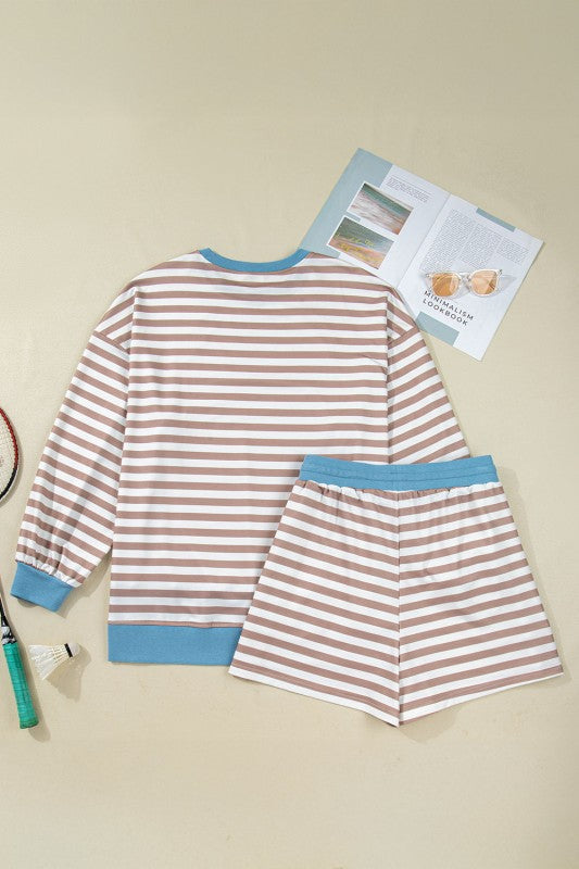 Plus Size Stripe Contrast Trim Pullover and Shorts