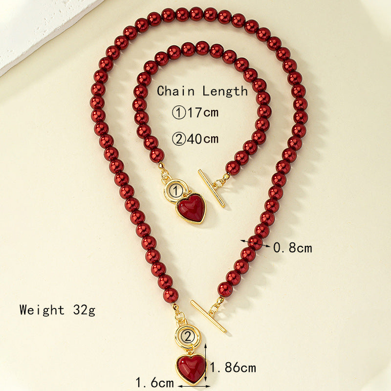 Pearl Bracelet And Necklace Set Female With Hearts Clavicle Chain Pi-Mart