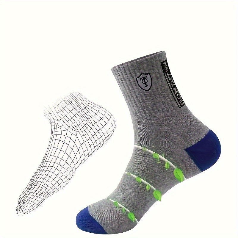 5 Pairs Men'S Athletic Crew Socks, Moisture-Wicking Knit Fabric, Solid Color, Polyester 75%, Spandex 25%, with Embroidered Badge, for Hand Wash Only, Sweat-Resistant Lootquake LLC
