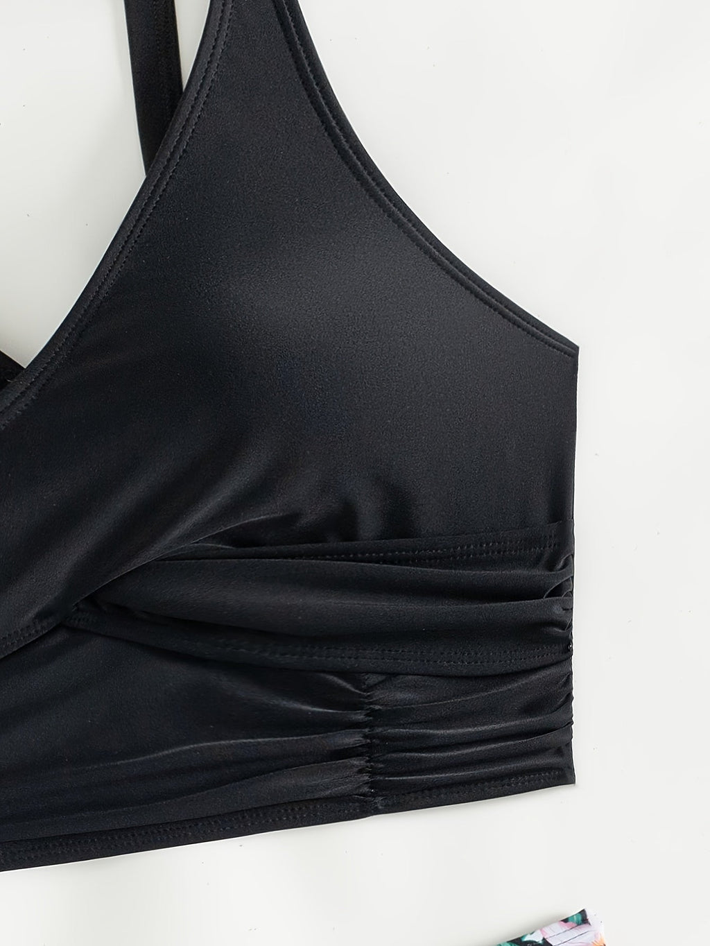 Bikini Solid Black Twist Front High Waist 2 Piece Swimsuit for Women – Stretchy V Neck Bikini Set with Ruched Tummy Control and Cross Strape Detail – Quick Drying Polyamide Swimwear for Beachwear Poolside and Summer Travel Stevvex