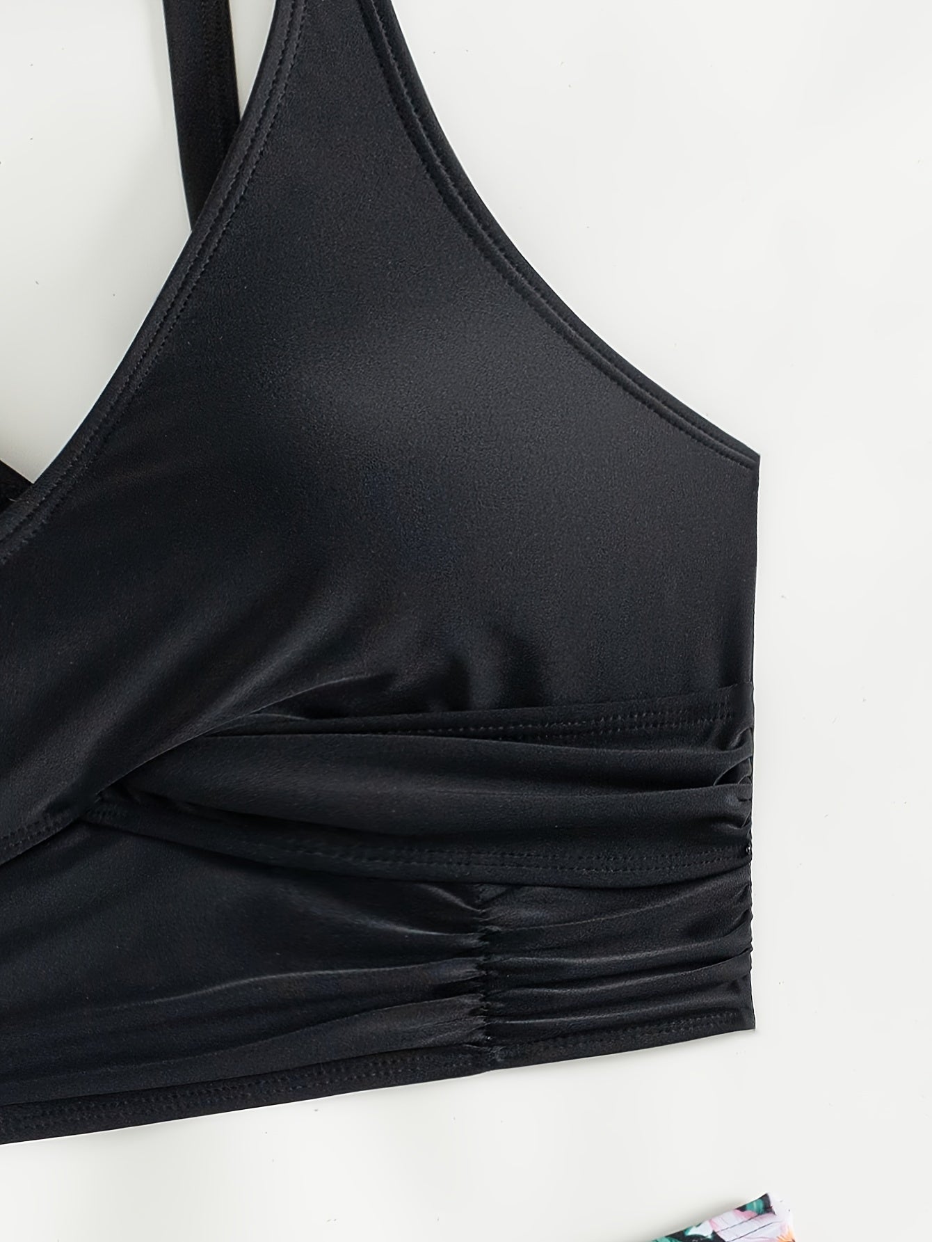 Bikini Solid Black Twist Front High Waist 2 Piece Swimsuit for Women – Stretchy V Neck Bikini Set with Ruched Tummy Control and Cross Strape Detail – Quick Drying Polyamide Swimwear for Beachwear Poolside and Summer Travel Stevvex