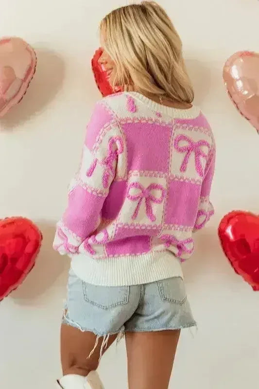 Pink Bow Knot Two Tone Checkered Crew Neck Sweater - SJB-DIAMOND ELITES