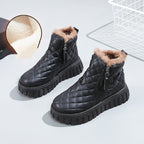 Women's Plaid Pattern Platform Ankle Boots Casual Side Zipper Plush Lined Snow Boots Winter Comfortable Short Boots Pi-Mart
