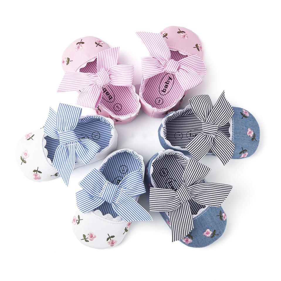 Baby Girl Newborn Shoes Floral Embroidery Striped Bowknot First Walker Soft Soles Anti-Slip Princess Shoes Stevvex