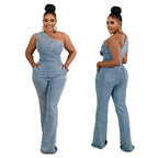 Demin Overalls Women Jumpsuits One Shoulder Mom Jeans Bodycon Long Pants Flare Pant High Waist Streetwear Y2k Slim Fit Rompers Purplish Diva