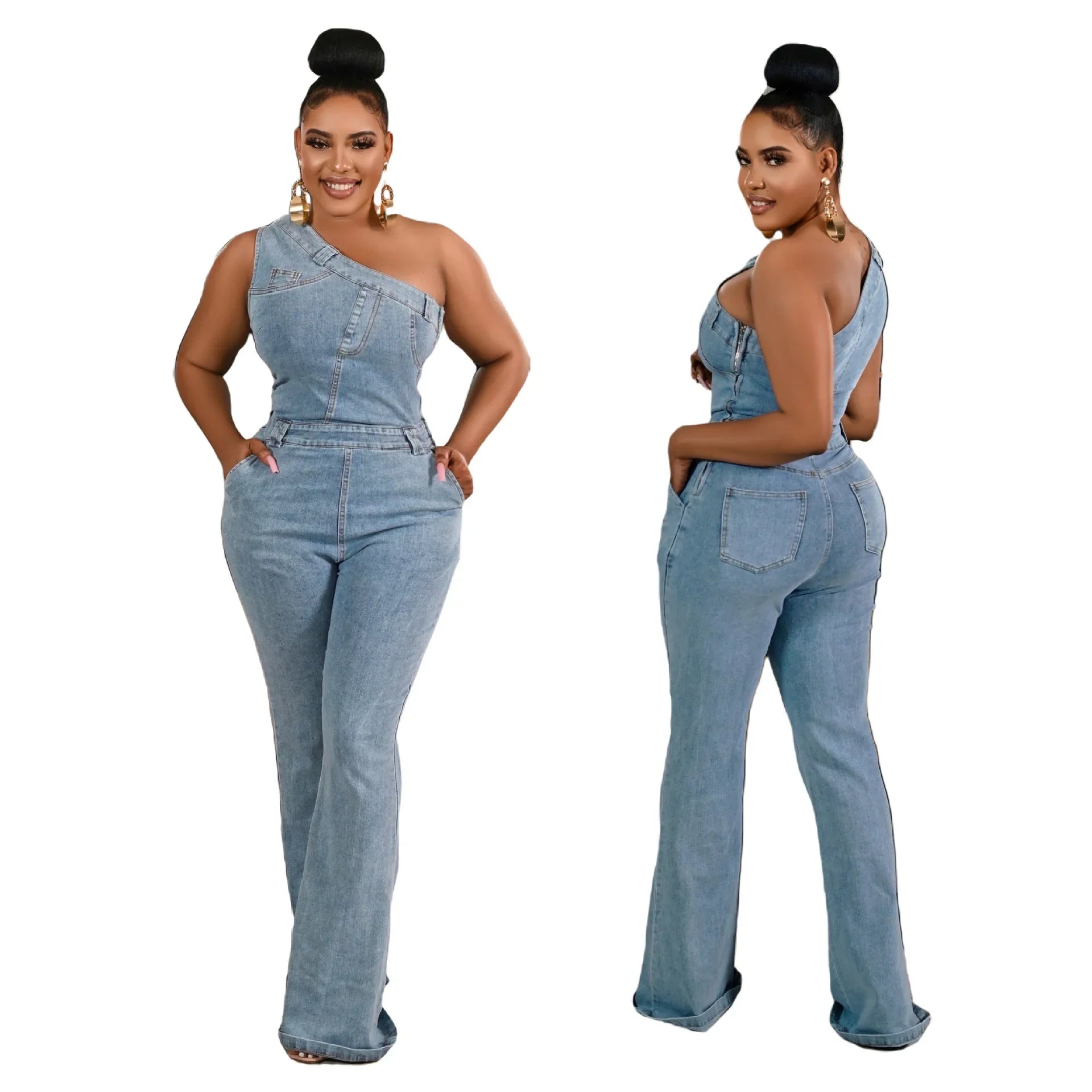 Demin Overalls Women Jumpsuits One Shoulder Mom Jeans Bodycon Long Pants Flare Pant High Waist Streetwear Y2k Slim Fit Rompers Purplish Diva