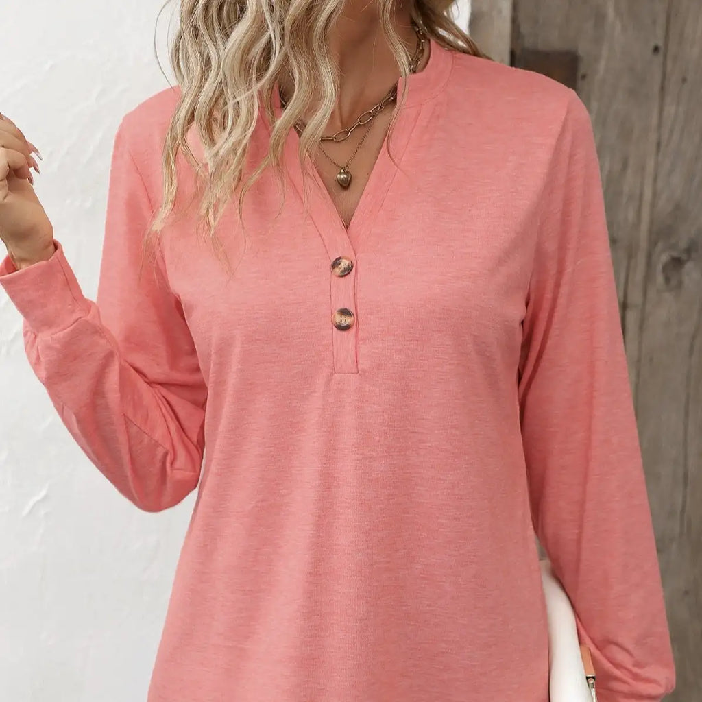 Ladies' Fashion New Button Peach Red Open Neck T-shirt Casual Top - SJB-DIAMOND ELITES