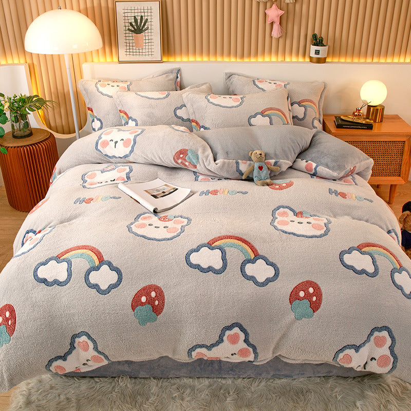Coral Fleece Duvet Cover Sheet Flannel Pillowcase Pi-Mart