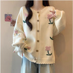 Idle Style Loose Youthful-looking Embroidered Flower Knitted Cardigan Sweater Pi-Mart