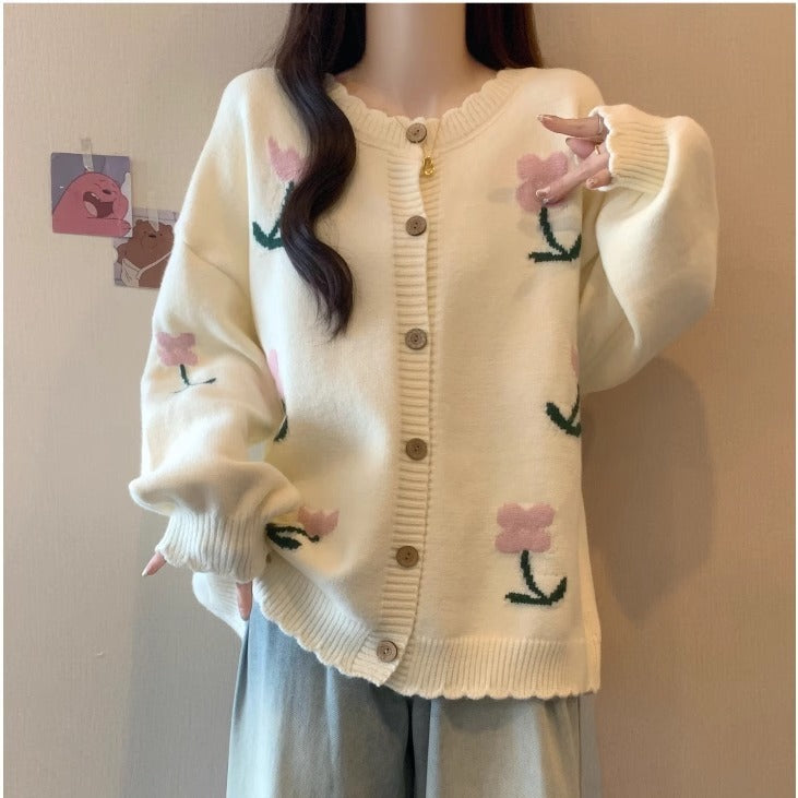 Idle Style Loose Youthful-looking Embroidered Flower Knitted Cardigan Sweater Pi-Mart