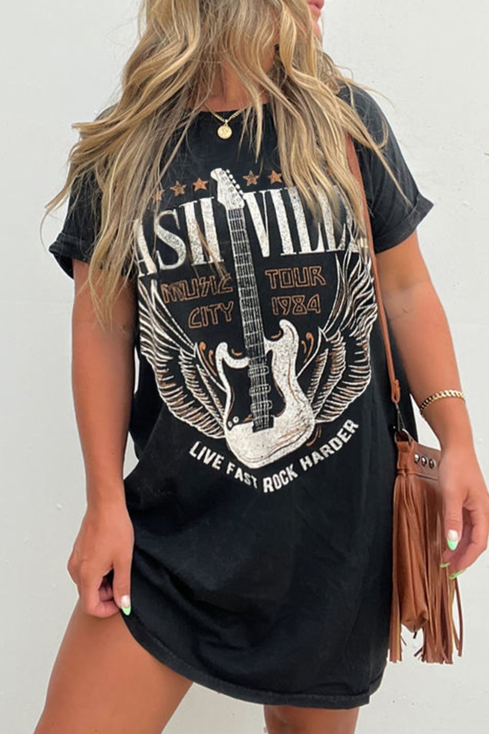 Black Graphic Round Neck Short Sleeve Tee Dress Trendy Casual T-Shirt Dress for Women Stevvex