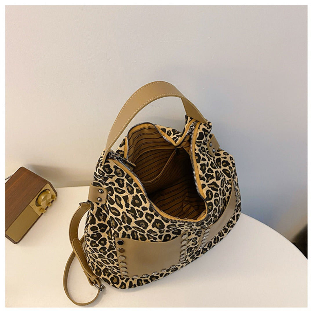 Ladies leopard print large capacity tote bag, vintage hobo bag casual, shoulder bag with crossbody strap, bag underarm bag women - SJB-DIAMOND ELITES