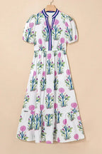 Blue Floral Ruffle Hem Pop of Color Neckline Dress