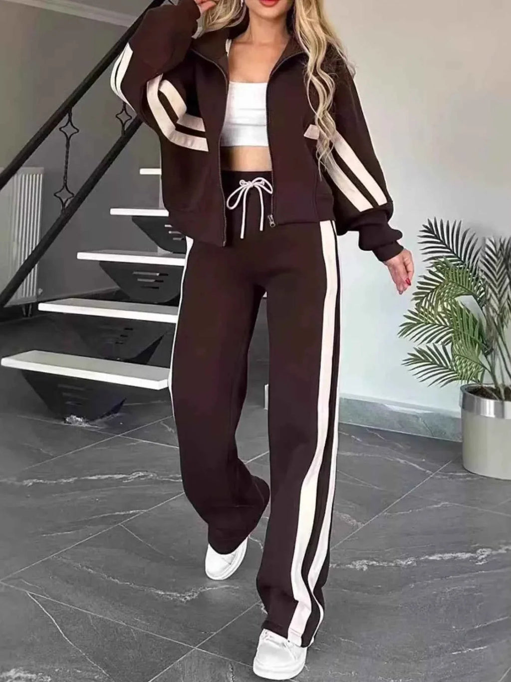 Plus Stripes Zip Set: Full-Size Comfort Duo THRIXINE
