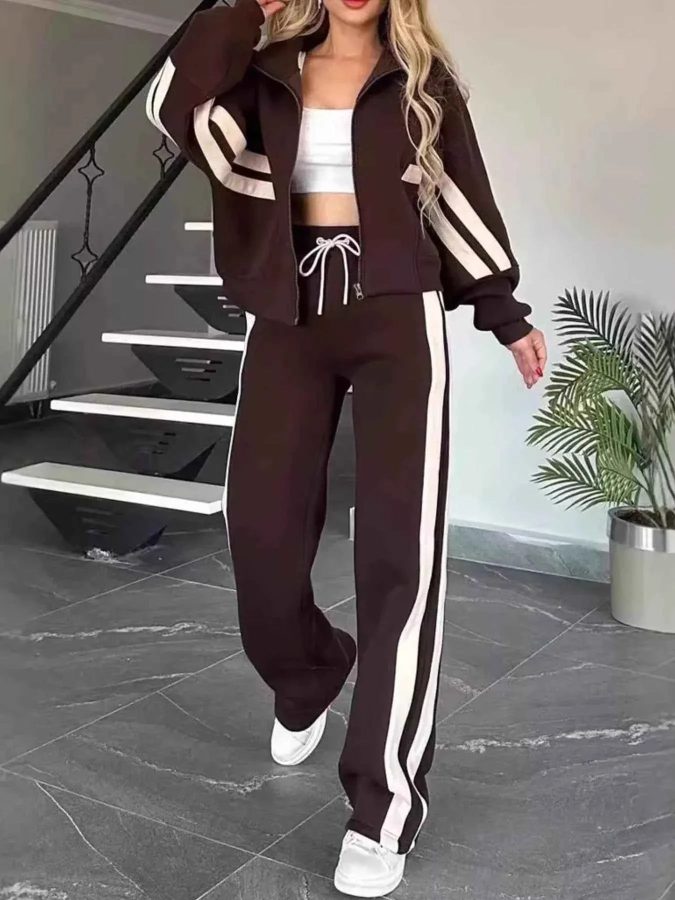 Plus Stripes Zip Set: Full-Size Comfort Duo THRIXINE