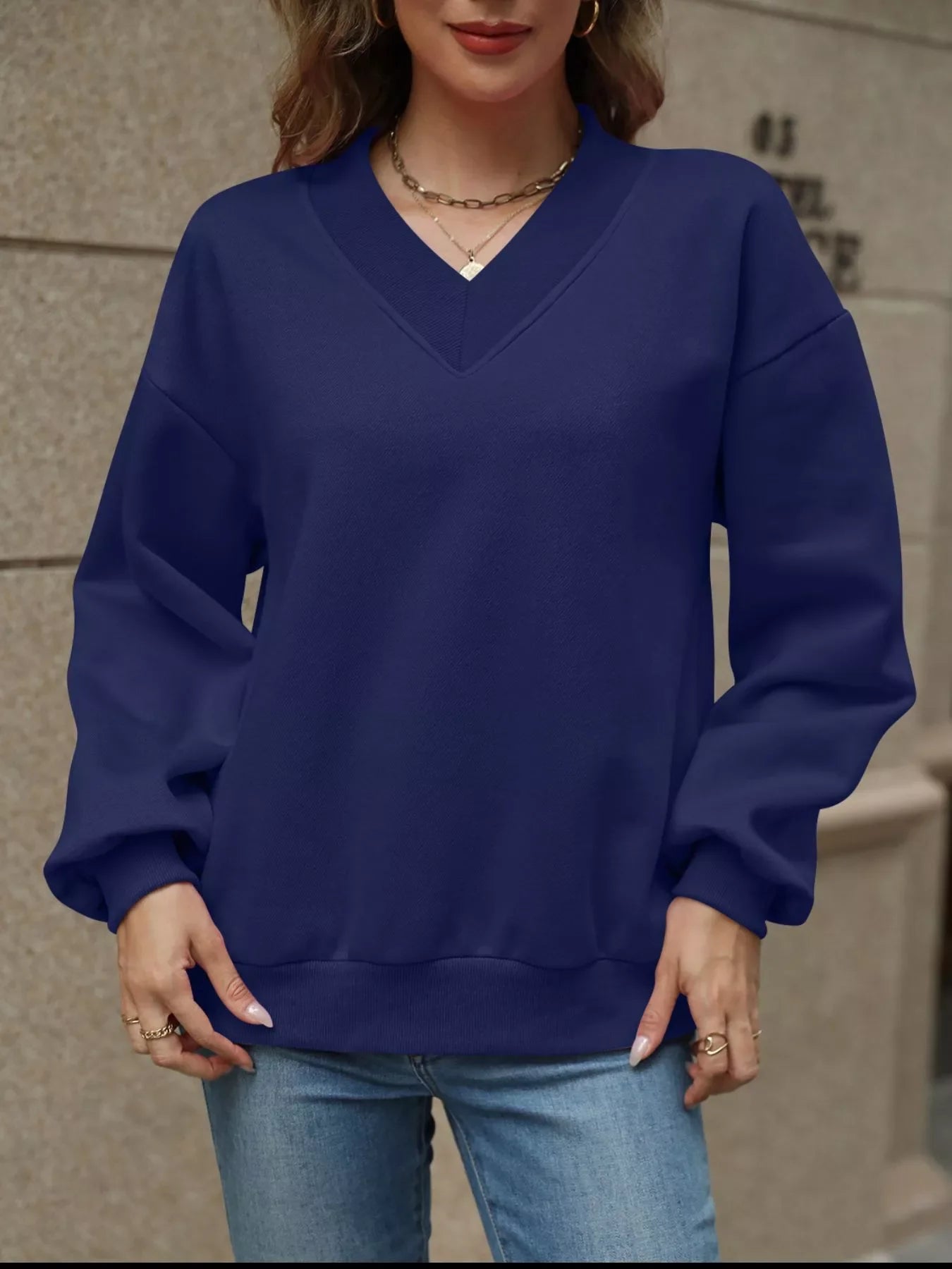 V-Neck Solid Color Casual Sweatshirt THRIXINE